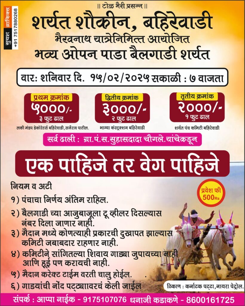 भैरवनाथ यात्रेनिमित्त आयोजित भव्य ओपन पाडा बैलगाडी शर्यत – बहिरेवाडी