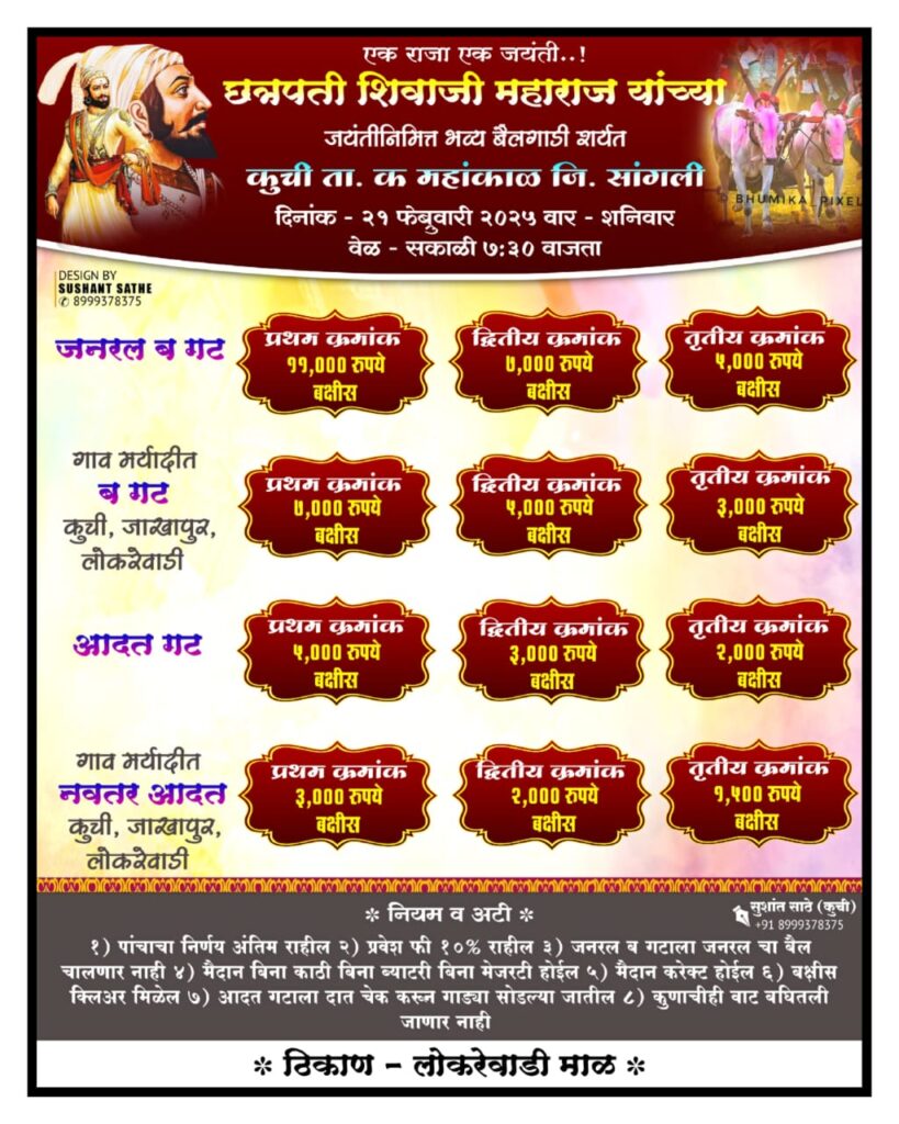 छत्रपती शिवाजी महाराज यांच्या जयंतीनिमित्त भव्य बैलगाडी शर्यत- कुची मैदान