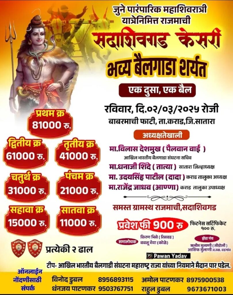महाशिवरात्री यात्रेनिमित्त राजमाची सदाशिवगड केसरी भव्य बैलगाडा शर्यत- बरमाची फाटी मैदान