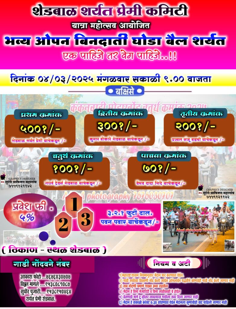 शेडबाळ शर्यत प्रेमी कमिटी यात्रा महोत्सव आयोजित भव्य ओपन बिनदाती घोडा बैल शर्यत- शेडबाळ मैदान