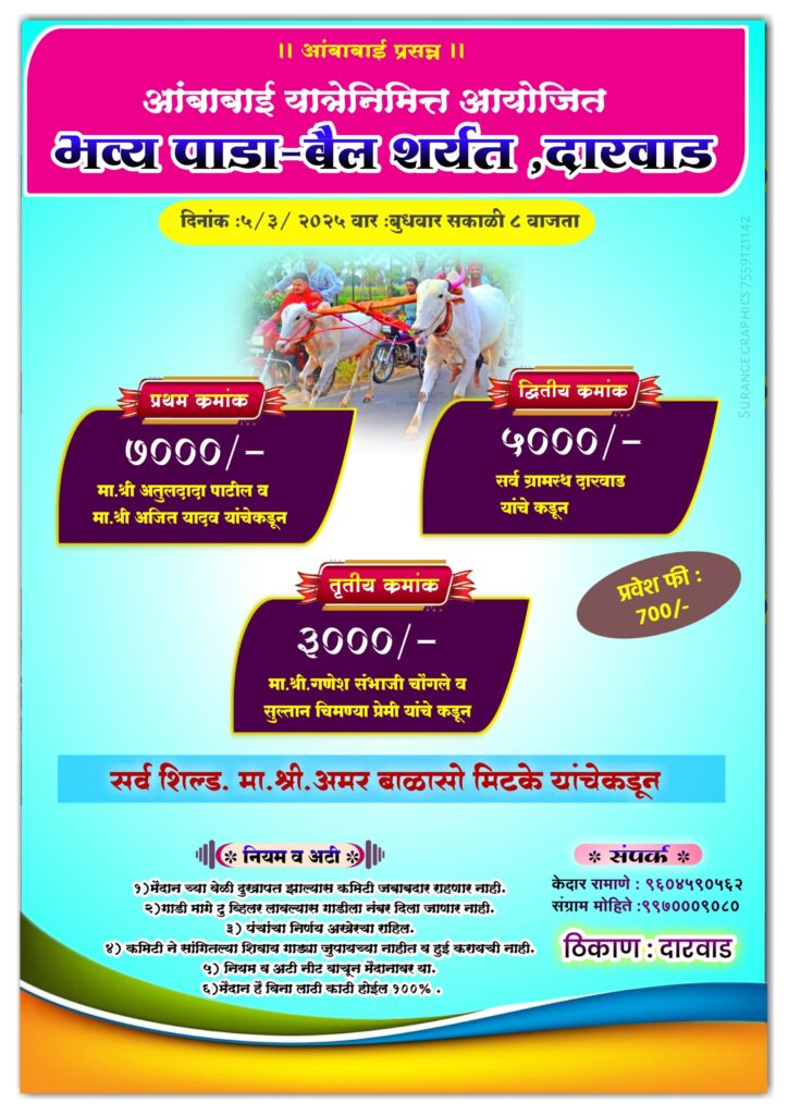 आंबाबाई यात्रेनिमित्त आयोजित भव्य पाडा-बैल शर्यत-दारवाड मैदान